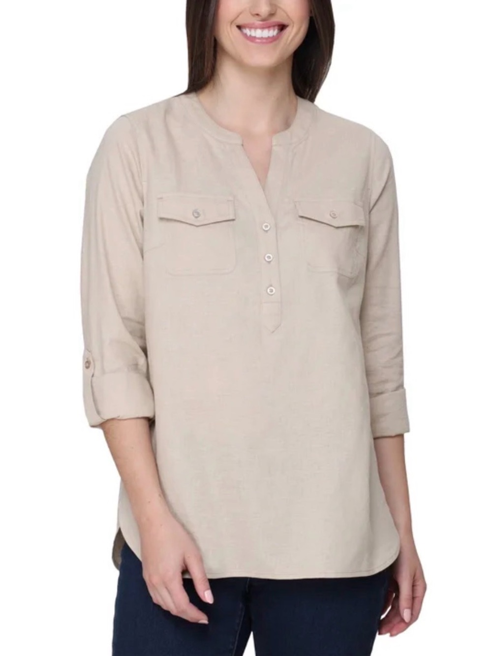 Tahari Women's Roll Tab Tan Linen-Blend Shirt Size Small
